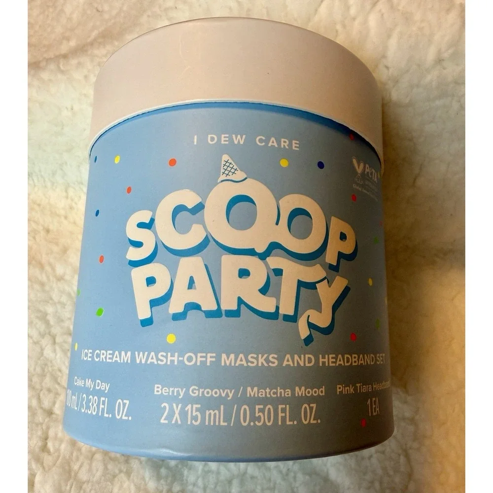 I Dew Care Wash Off Face Mask Set Scoop Party 3 masks and headband NEW